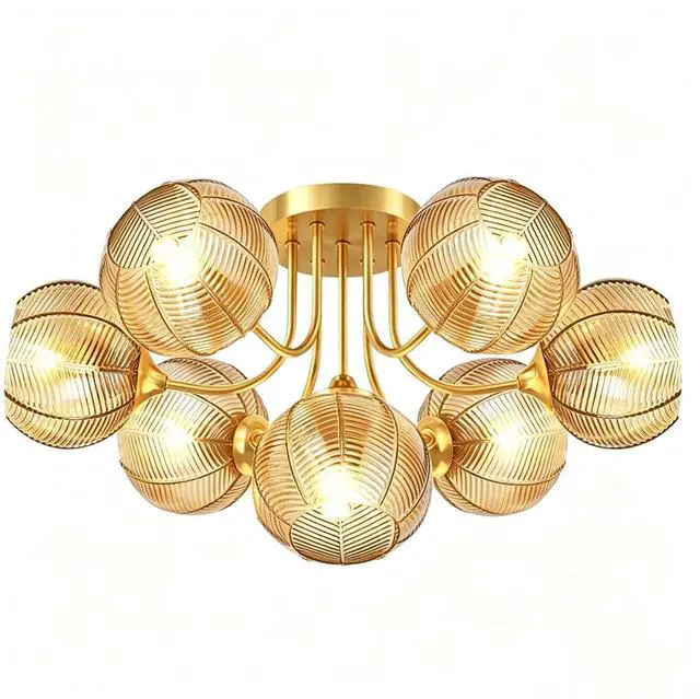 Main image of 7-Lights Amber Glass Flush Mount Ceiling Light Fixtures Chandelers | Mid Century Modern Close to Ceiling Light Gold Brass ,15cm/5.9 Glass Globe Shade, E26 Base, Living Room,Dining room,Farmhouse