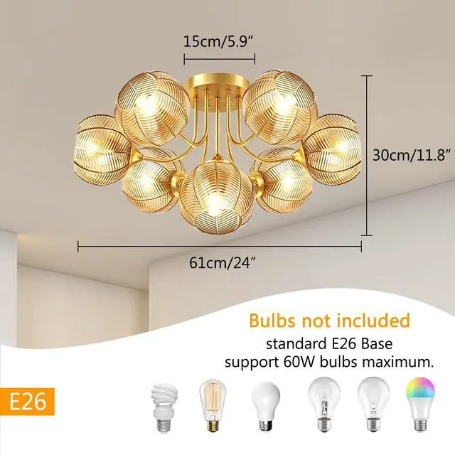 Alt view image 2 of 7 - 7-Lights Amber Glass Flush Mount Ceiling Light Fixtures Chandelers | Mid Century Modern Close to Ceiling Light Gold Brass ,15cm/5.9 Glass Globe Shade, E26 Base, Living Room,Dining room,Farmhouse