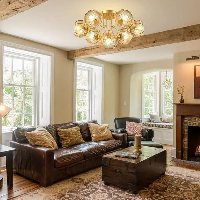 Alt view image 3 of 7 - 7-Lights Amber Glass Flush Mount Ceiling Light Fixtures Chandelers | Mid Century Modern Close to Ceiling Light Gold Brass ,15cm/5.9 Glass Globe Shade, E26 Base, Living Room,Dining room,Farmhouse