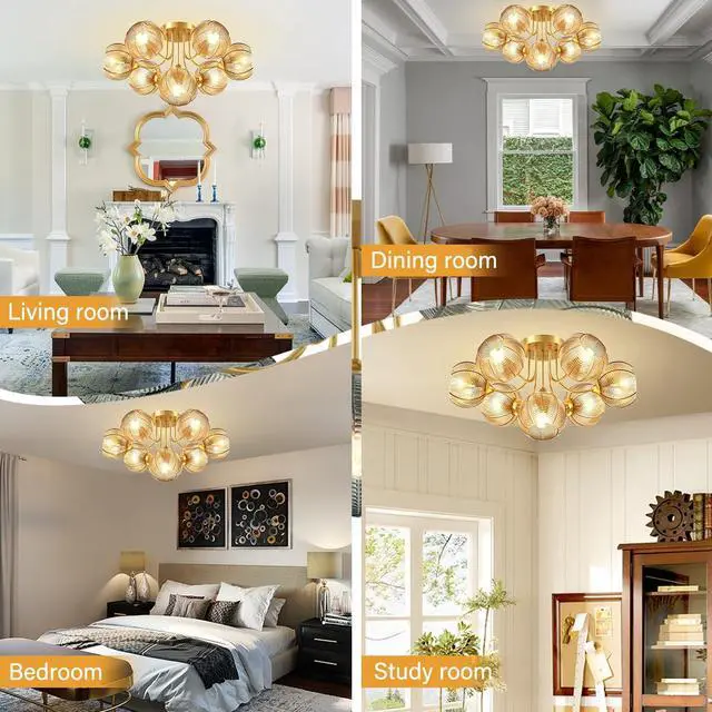 Alt view image 5 of 7 - 7-Lights Amber Glass Flush Mount Ceiling Light Fixtures Chandelers | Mid Century Modern Close to Ceiling Light Gold Brass ,15cm/5.9 Glass Globe Shade, E26 Base, Living Room,Dining room,Farmhouse