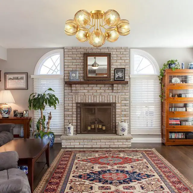 Alt view image 6 of 7 - 7-Lights Amber Glass Flush Mount Ceiling Light Fixtures Chandelers | Mid Century Modern Close to Ceiling Light Gold Brass ,15cm/5.9 Glass Globe Shade, E26 Base, Living Room,Dining room,Farmhouse