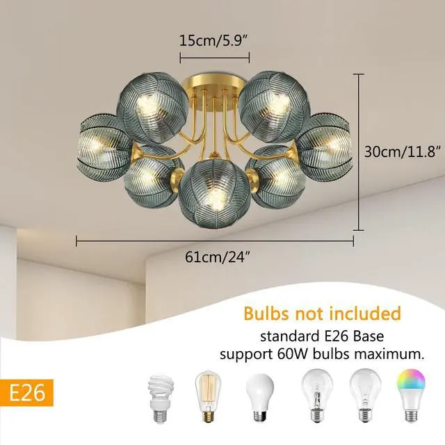 Alt view image 2 of 7 - Green Chandelie 7-Lights Large Flush Mount Ceiling Light Fixture Mid Century Chandeliers Dining Room Glass Globe Shade Brushed Brass Chandelier Sputnik Light Fixture Living Room