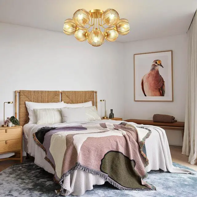 Alt view image 7 of 7 - 7-Lights Amber Glass Flush Mount Ceiling Light Fixtures Chandelers | Mid Century Modern Close to Ceiling Light Gold Brass ,15cm/5.9 Glass Globe Shade, E26 Base, Living Room,Dining room,Farmhouse