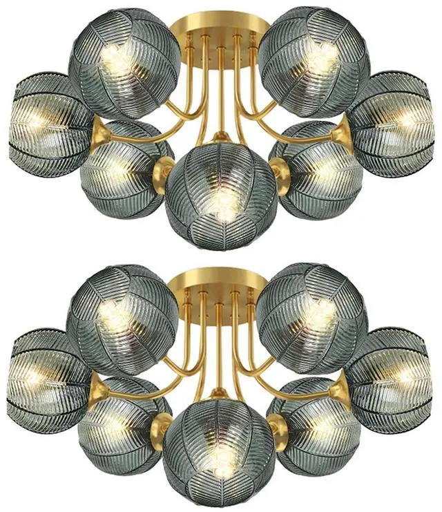 Main image of Green Chandelie 7-Lights Large Flush Mount Ceiling Light Fixture Mid Century Chandeliers Dining Room Glass Globe Shade Brushed Brass Chandelier Sputnik Light Fixture Living Room