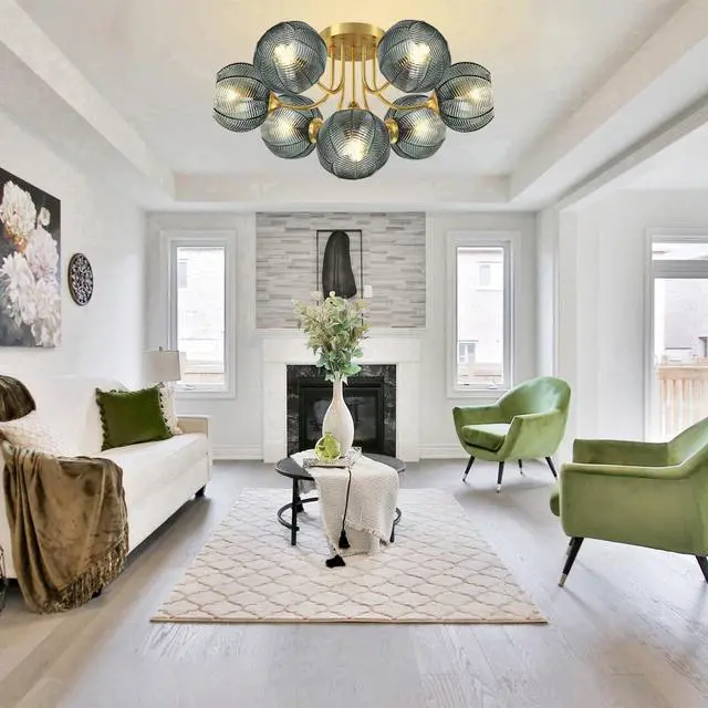 Alt view image 3 of 7 - Green Chandelie 7-Lights Large Flush Mount Ceiling Light Fixture Mid Century Chandeliers Dining Room Glass Globe Shade Brushed Brass Chandelier Sputnik Light Fixture Living Room