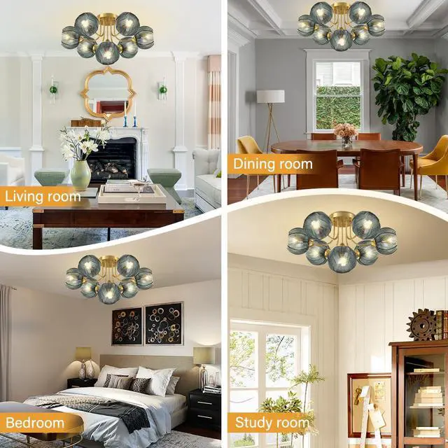 Alt view image 6 of 7 - Green Chandelie 7-Lights Large Flush Mount Ceiling Light Fixture Mid Century Chandeliers Dining Room Glass Globe Shade Brushed Brass Chandelier Sputnik Light Fixture Living Room
