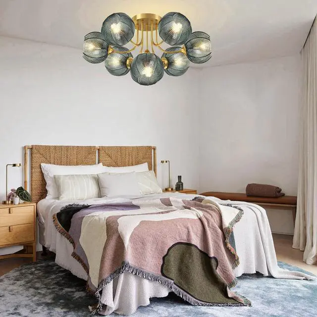 Alt view image 4 of 7 - Green Chandelie 7-Lights Large Flush Mount Ceiling Light Fixture Mid Century Chandeliers Dining Room Glass Globe Shade Brushed Brass Chandelier Sputnik Light Fixture Living Room