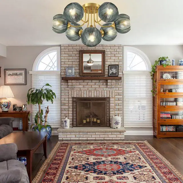 Alt view image 5 of 7 - Green Chandelie 7-Lights Large Flush Mount Ceiling Light Fixture Mid Century Chandeliers Dining Room Glass Globe Shade Brushed Brass Chandelier Sputnik Light Fixture Living Room