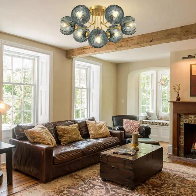 Alt view image 7 of 7 - Green Chandelie 7-Lights Large Flush Mount Ceiling Light Fixture Mid Century Chandeliers Dining Room Glass Globe Shade Brushed Brass Chandelier Sputnik Light Fixture Living Room