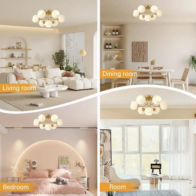 Alt view image 3 of 7 - 2-Pack Large Flush Mount Ceiling Lights Chandelier Mid Century Modern Ceiling 7-Light White Flower Shade Glass Sputnik Chandelier Brushed Brass Light Fixture for Dining Room Kitchen