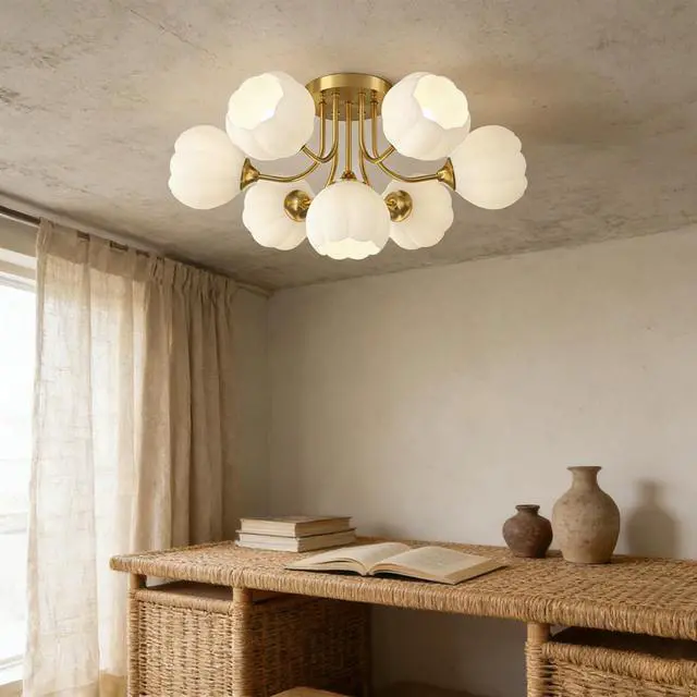 Alt view image 5 of 7 - 2-Pack Large Flush Mount Ceiling Lights Chandelier Mid Century Modern Ceiling 7-Light White Flower Shade Glass Sputnik Chandelier Brushed Brass Light Fixture for Dining Room Kitchen