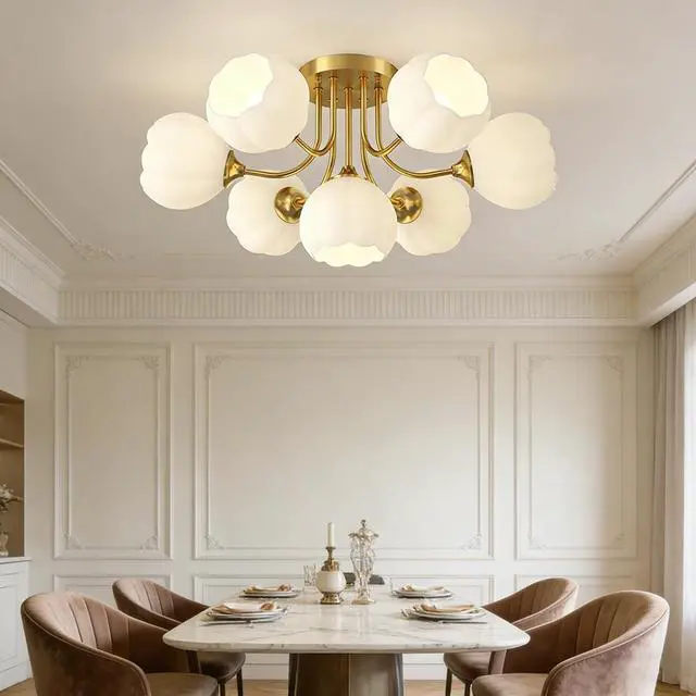 Alt view image 7 of 7 - 2-Pack Large Flush Mount Ceiling Lights Chandelier Mid Century Modern Ceiling 7-Light White Flower Shade Glass Sputnik Chandelier Brushed Brass Light Fixture for Dining Room Kitchen