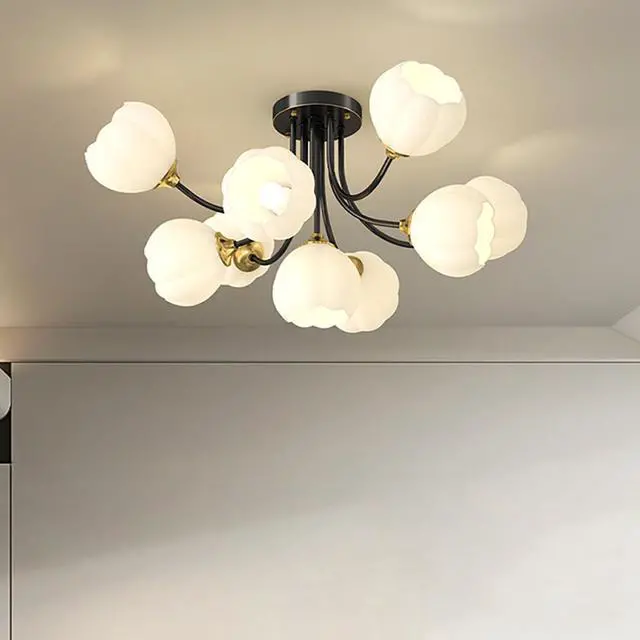 Main image of Modern Glass Globe Chandelier 9-Light Black Brass Ceiling Light White Flower Ball Light Fixtures Mid Century Chandelier Vintage Semi Flush Mount Ceiling Light for Farmhouse Dining Room
