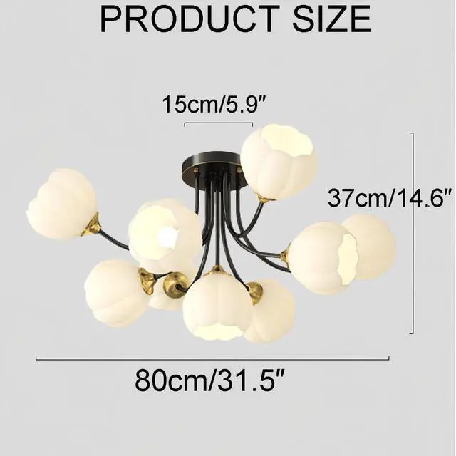 Alt view image 2 of 7 - Modern Glass Globe Chandelier 9-Light Black Brass Ceiling Light White Flower Ball Light Fixtures Mid Century Chandelier Vintage Semi Flush Mount Ceiling Light for Farmhouse Dining Room