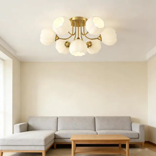 Alt view image 6 of 7 - 2-Pack Large Flush Mount Ceiling Lights Chandelier Mid Century Modern Ceiling 7-Light White Flower Shade Glass Sputnik Chandelier Brushed Brass Light Fixture for Dining Room Kitchen