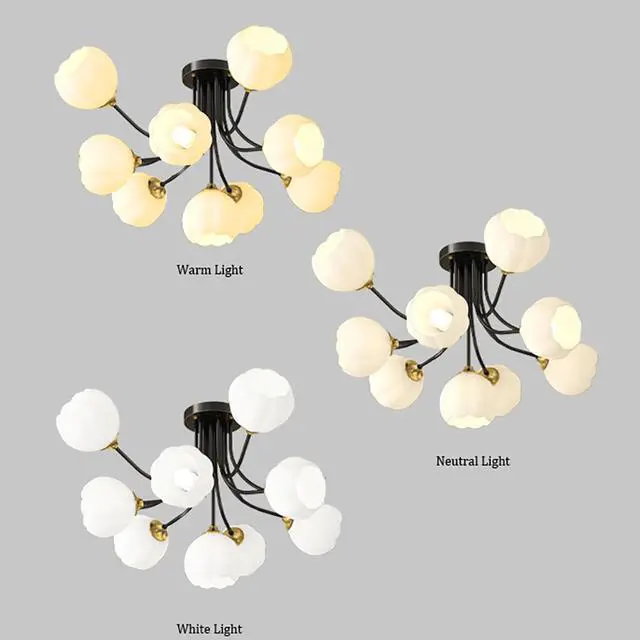 Alt view image 4 of 7 - Modern Glass Globe Chandelier 9-Light Black Brass Ceiling Light White Flower Ball Light Fixtures Mid Century Chandelier Vintage Semi Flush Mount Ceiling Light for Farmhouse Dining Room