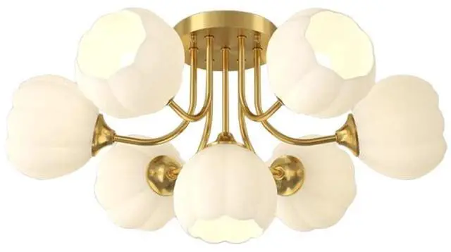 Main image of 7-Lights Glass Ceiling Light Chandelier Modern Flush Mount Lights | White Flower Glass Shape Shade Gold Brass Copper Finish Semi Flush Mount Ceiling Light Fixtures for Living Dining Room