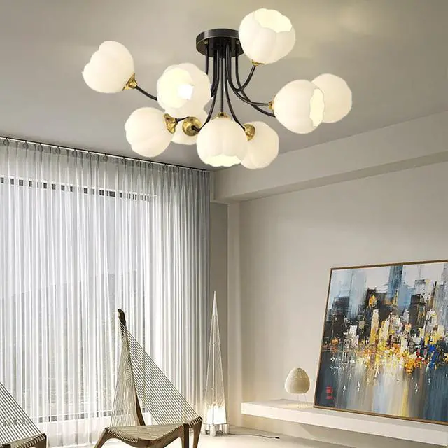 Alt view image 5 of 7 - Modern Glass Globe Chandelier 9-Light Black Brass Ceiling Light White Flower Ball Light Fixtures Mid Century Chandelier Vintage Semi Flush Mount Ceiling Light for Farmhouse Dining Room
