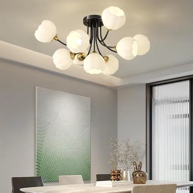 Alt view image 6 of 7 - Modern Glass Globe Chandelier 9-Light Black Brass Ceiling Light White Flower Ball Light Fixtures Mid Century Chandelier Vintage Semi Flush Mount Ceiling Light for Farmhouse Dining Room
