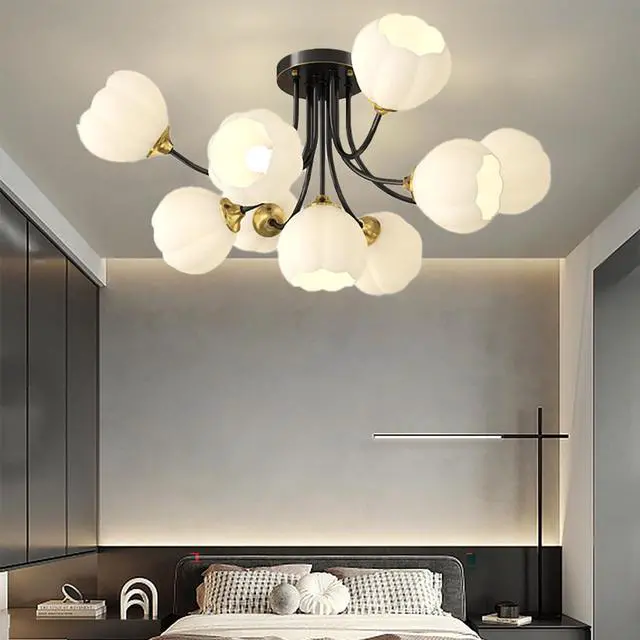 Alt view image 3 of 7 - Modern Glass Globe Chandelier 9-Light Black Brass Ceiling Light White Flower Ball Light Fixtures Mid Century Chandelier Vintage Semi Flush Mount Ceiling Light for Farmhouse Dining Room