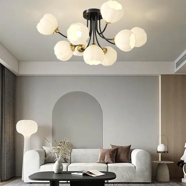 Alt view image 7 of 7 - Modern Glass Globe Chandelier 9-Light Black Brass Ceiling Light White Flower Ball Light Fixtures Mid Century Chandelier Vintage Semi Flush Mount Ceiling Light for Farmhouse Dining Room