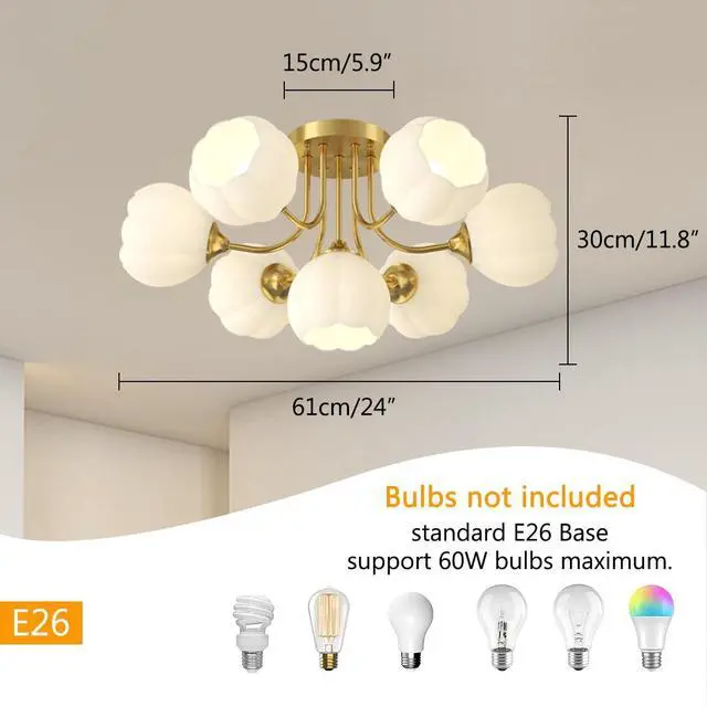 Alt view image 2 of 7 - 7-Lights Glass Ceiling Light Chandelier Modern Flush Mount Lights | White Flower Glass Shape Shade Gold Brass Copper Finish Semi Flush Mount Ceiling Light Fixtures for Living Dining Room