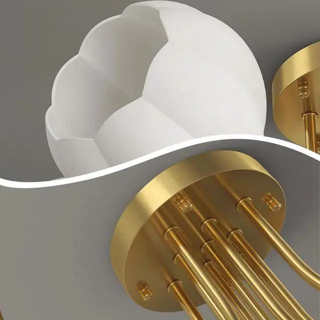 Alt view image 4 of 7 - 7-Lights Glass Ceiling Light Chandelier Modern Flush Mount Lights | White Flower Glass Shape Shade Gold Brass Copper Finish Semi Flush Mount Ceiling Light Fixtures for Living Dining Room