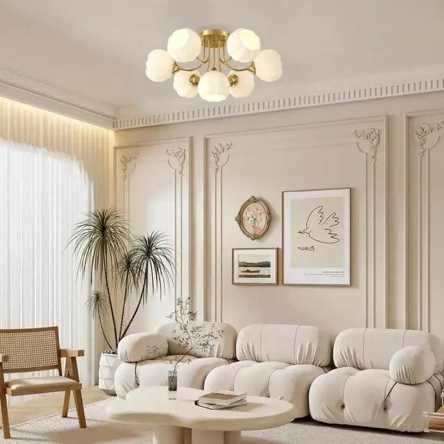 Alt view image 6 of 7 - 7-Lights Glass Ceiling Light Chandelier Modern Flush Mount Lights | White Flower Glass Shape Shade Gold Brass Copper Finish Semi Flush Mount Ceiling Light Fixtures for Living Dining Room
