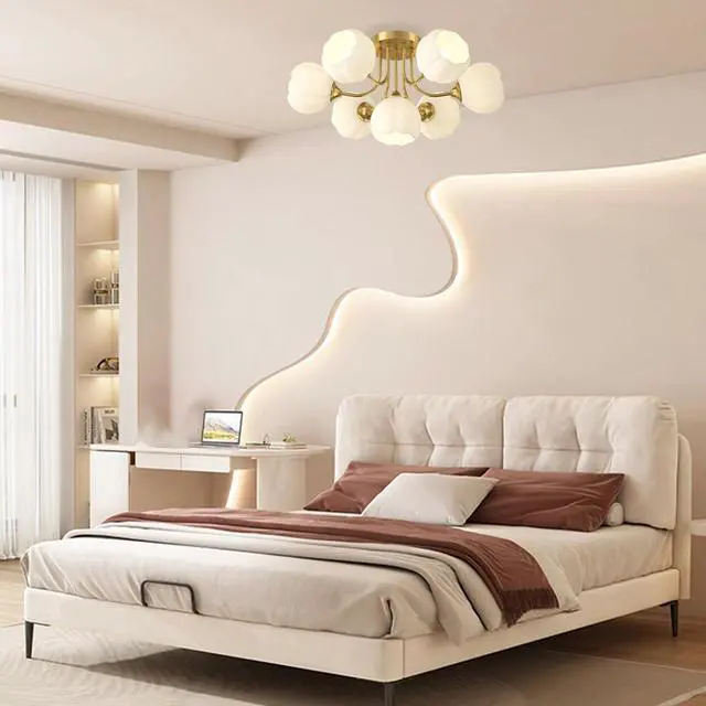 Alt view image 5 of 7 - 7-Lights Glass Ceiling Light Chandelier Modern Flush Mount Lights | White Flower Glass Shape Shade Gold Brass Copper Finish Semi Flush Mount Ceiling Light Fixtures for Living Dining Room