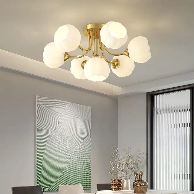 Alt view image 3 of 7 - 7-Lights Glass Ceiling Light Chandelier Modern Flush Mount Lights | White Flower Glass Shape Shade Gold Brass Copper Finish Semi Flush Mount Ceiling Light Fixtures for Living Dining Room
