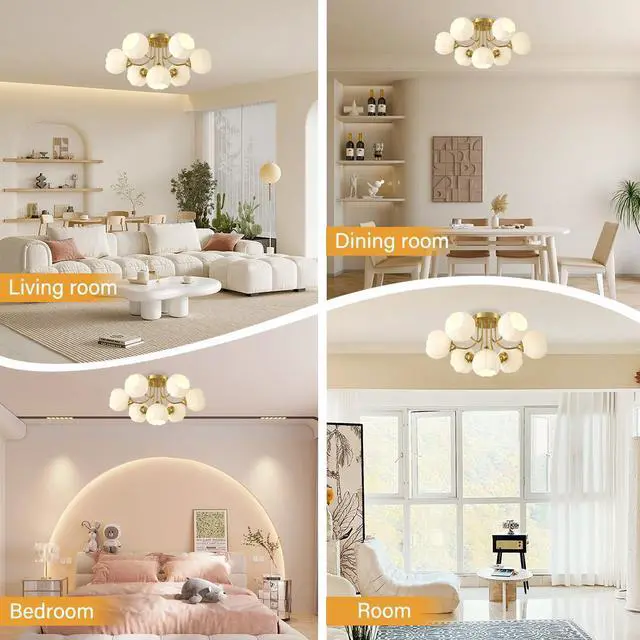Alt view image 7 of 7 - 7-Lights Glass Ceiling Light Chandelier Modern Flush Mount Lights | White Flower Glass Shape Shade Gold Brass Copper Finish Semi Flush Mount Ceiling Light Fixtures for Living Dining Room