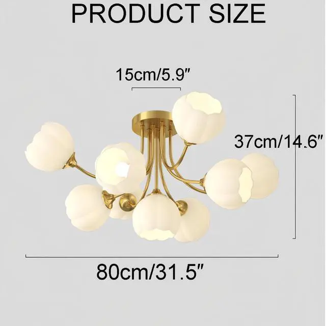 Alt view image 2 of 7 - 9-Lights Mid Century Modern Chandelier Ceiling Lighting Flower Glass Globe Chandeliers Gold Brushed Brass Finish Sputnik Chandelier Semi Flush Mount Ceiling Light Living Dining Room