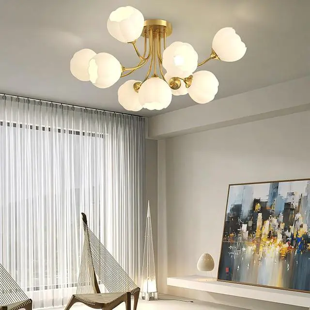 Alt view image 3 of 7 - 9-Lights Mid Century Modern Chandelier Ceiling Lighting Flower Glass Globe Chandeliers Gold Brushed Brass Finish Sputnik Chandelier Semi Flush Mount Ceiling Light Living Dining Room