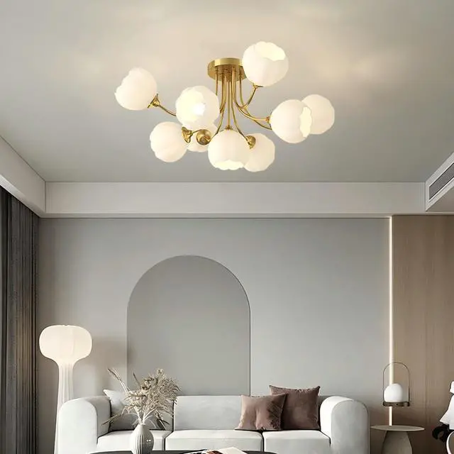 Alt view image 4 of 7 - 9-Lights Mid Century Modern Chandelier Ceiling Lighting Flower Glass Globe Chandeliers Gold Brushed Brass Finish Sputnik Chandelier Semi Flush Mount Ceiling Light Living Dining Room