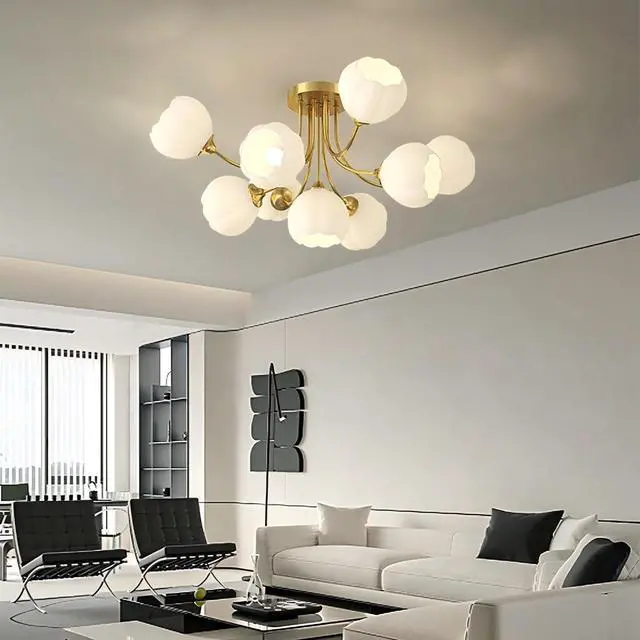 Alt view image 6 of 7 - 9-Lights Mid Century Modern Chandelier Ceiling Lighting Flower Glass Globe Chandeliers Gold Brushed Brass Finish Sputnik Chandelier Semi Flush Mount Ceiling Light Living Dining Room