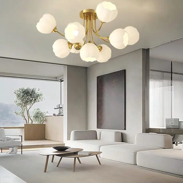 Alt view image 5 of 7 - 9-Lights Mid Century Modern Chandelier Ceiling Lighting Flower Glass Globe Chandeliers Gold Brushed Brass Finish Sputnik Chandelier Semi Flush Mount Ceiling Light Living Dining Room