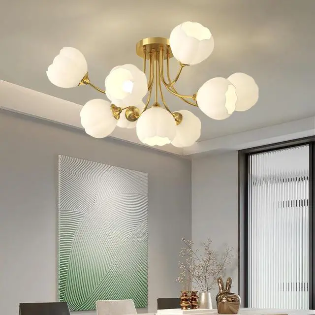 Alt view image 7 of 7 - 9-Lights Mid Century Modern Chandelier Ceiling Lighting Flower Glass Globe Chandeliers Gold Brushed Brass Finish Sputnik Chandelier Semi Flush Mount Ceiling Light Living Dining Room