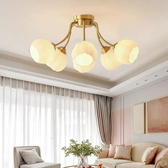 Alt view image 4 of 7 - 6-Light Glass Sputnik Chandelier Glass Globe Semi Flush Mount Ceiling Lights Mid Century Modern Ceiling Light Fixtures Milk White Flower Shade Gold Brass Chandeliers for Living Room