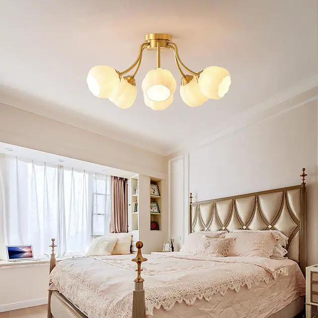 Alt view image 3 of 7 - 6-Light Glass Sputnik Chandelier Glass Globe Semi Flush Mount Ceiling Lights Mid Century Modern Ceiling Light Fixtures Milk White Flower Shade Gold Brass Chandeliers for Living Room