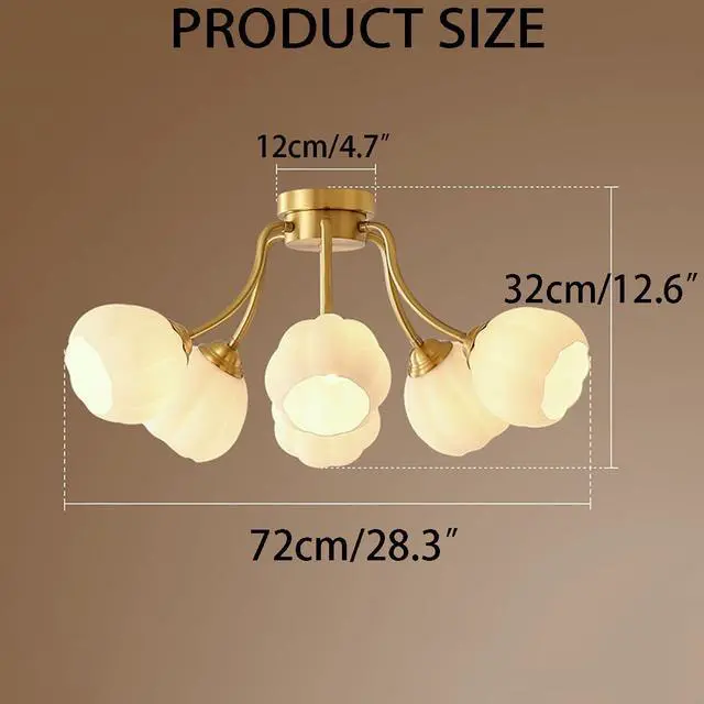 Alt view image 2 of 7 - 6-Light Glass Sputnik Chandelier Glass Globe Semi Flush Mount Ceiling Lights Mid Century Modern Ceiling Light Fixtures Milk White Flower Shade Gold Brass Chandeliers for Living Room