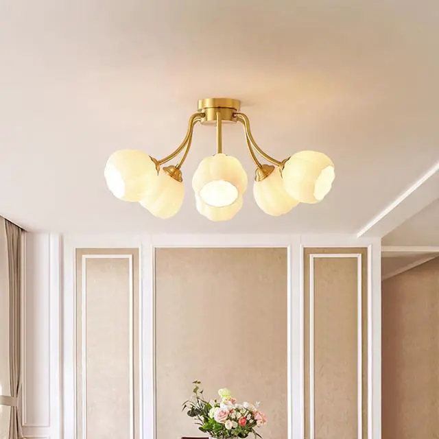 Alt view image 6 of 7 - 6-Light Glass Sputnik Chandelier Glass Globe Semi Flush Mount Ceiling Lights Mid Century Modern Ceiling Light Fixtures Milk White Flower Shade Gold Brass Chandeliers for Living Room