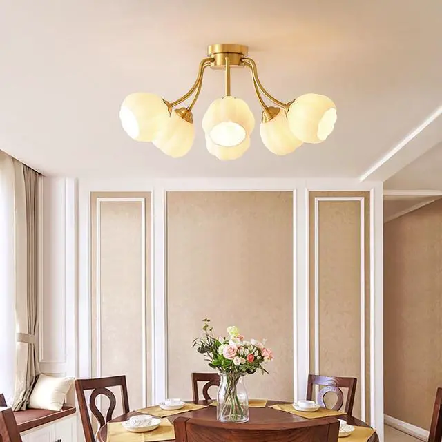 Alt view image 5 of 7 - 6-Light Glass Sputnik Chandelier Glass Globe Semi Flush Mount Ceiling Lights Mid Century Modern Ceiling Light Fixtures Milk White Flower Shade Gold Brass Chandeliers for Living Room