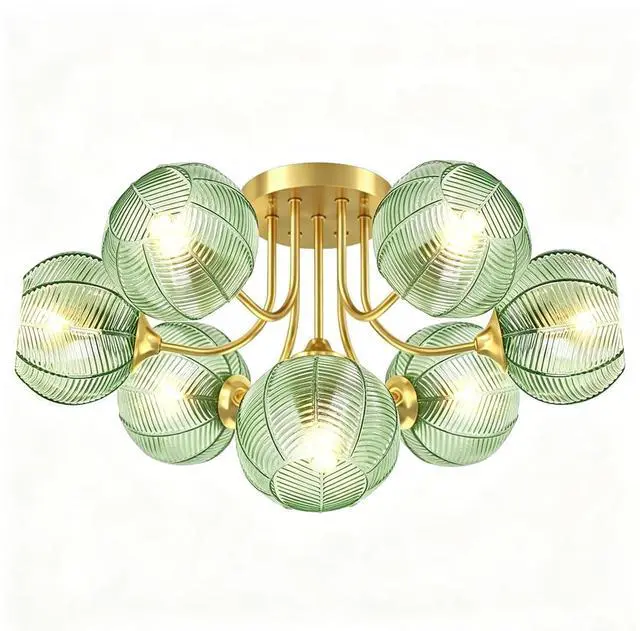 Main image of Mid Century 7-Lights Modern Flush Mount Ceiling Light Emerald Green | Gold Brass Chandelier 15cm/5.9 Glass Globe Close to Ceiling Light Fixtures, E26 Base, for Living Room,Dining room,Farmhouse