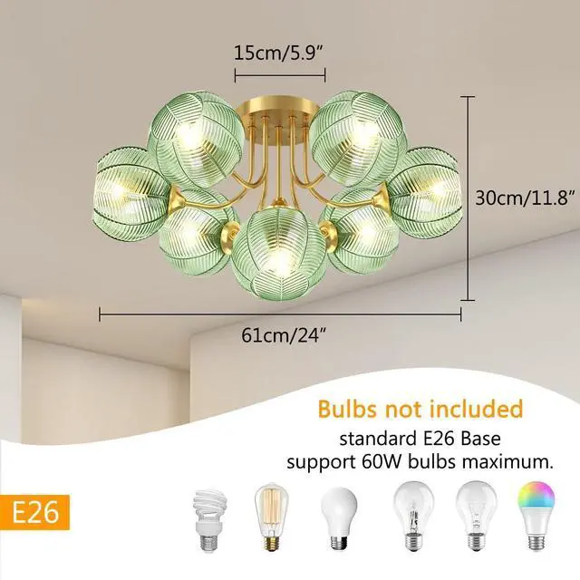 Alt view image 2 of 7 - Mid Century 7-Lights Modern Flush Mount Ceiling Light Emerald Green | Gold Brass Chandelier 15cm/5.9 Glass Globe Close to Ceiling Light Fixtures, E26 Base, for Living Room,Dining room,Farmhouse