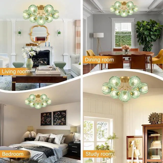 Alt view image 5 of 7 - Mid Century 7-Lights Modern Flush Mount Ceiling Light Emerald Green | Gold Brass Chandelier 15cm/5.9 Glass Globe Close to Ceiling Light Fixtures, E26 Base, for Living Room,Dining room,Farmhouse