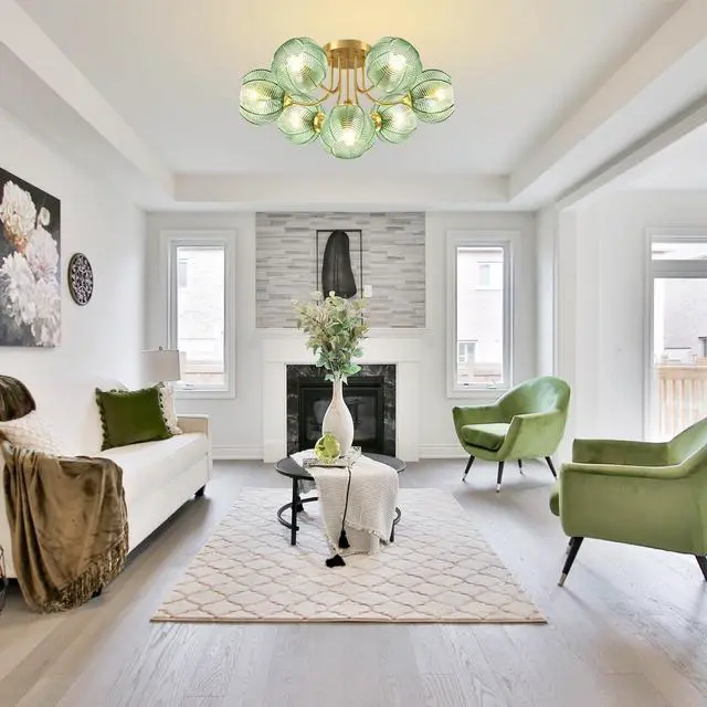 Alt view image 3 of 7 - Mid Century 7-Lights Modern Flush Mount Ceiling Light Emerald Green | Gold Brass Chandelier 15cm/5.9 Glass Globe Close to Ceiling Light Fixtures, E26 Base, for Living Room,Dining room,Farmhouse