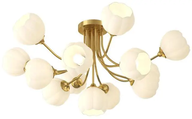 Main image of Glass Sputnik Chandelier - 13-Light Gold Brass Ceiling Light with White Flower-Shape Glass Shades - Mid-Century Modern for Bedroom, Living & Dining Room