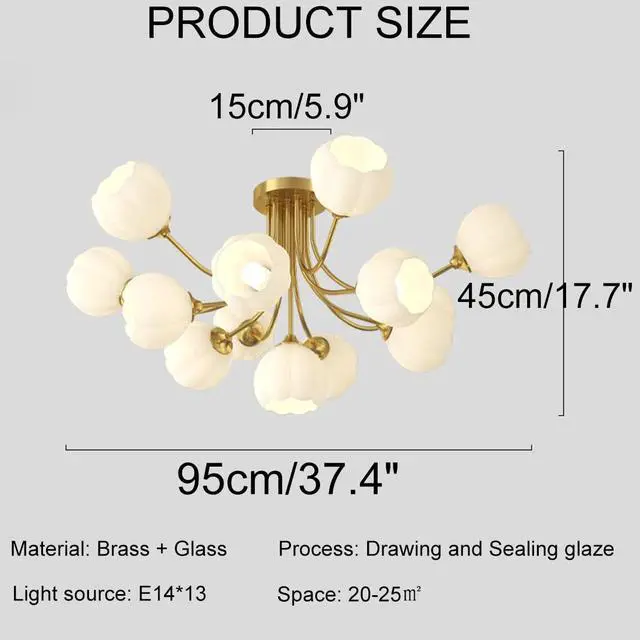 Alt view image 2 of 7 - Glass Sputnik Chandelier - 13-Light Gold Brass Ceiling Light with White Flower-Shape Glass Shades - Mid-Century Modern for Bedroom, Living & Dining Room