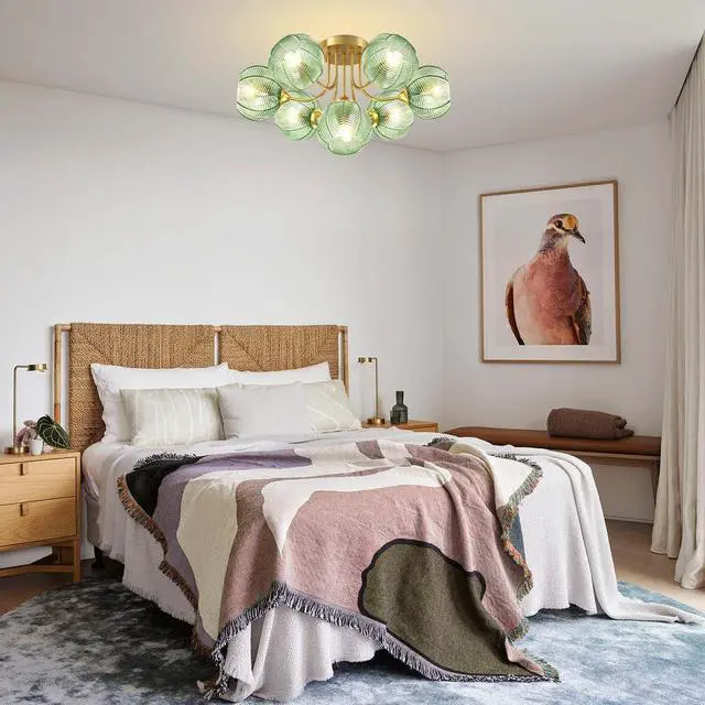 Alt view image 7 of 7 - Mid Century 7-Lights Modern Flush Mount Ceiling Light Emerald Green | Gold Brass Chandelier 15cm/5.9 Glass Globe Close to Ceiling Light Fixtures, E26 Base, for Living Room,Dining room,Farmhouse