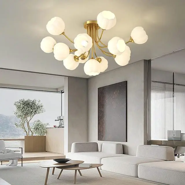 Alt view image 3 of 7 - Glass Sputnik Chandelier - 13-Light Gold Brass Ceiling Light with White Flower-Shape Glass Shades - Mid-Century Modern for Bedroom, Living & Dining Room